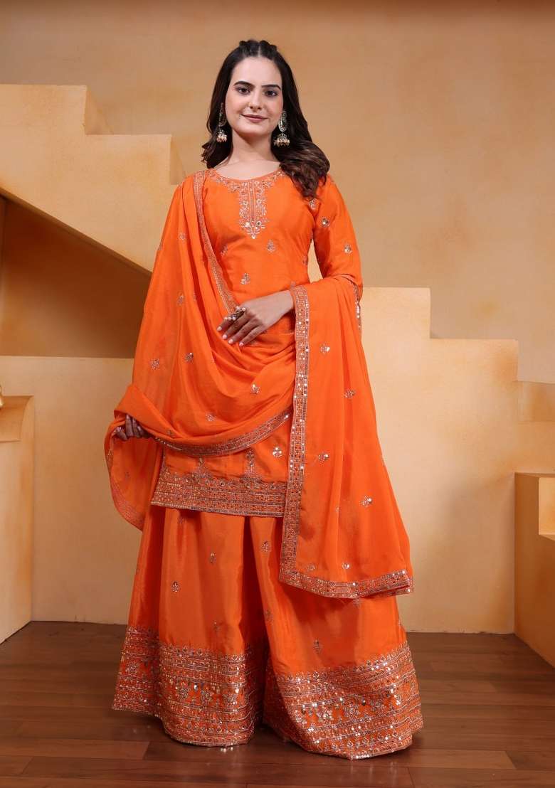 Orange Thread Work Chinon Kurta Set - Indya