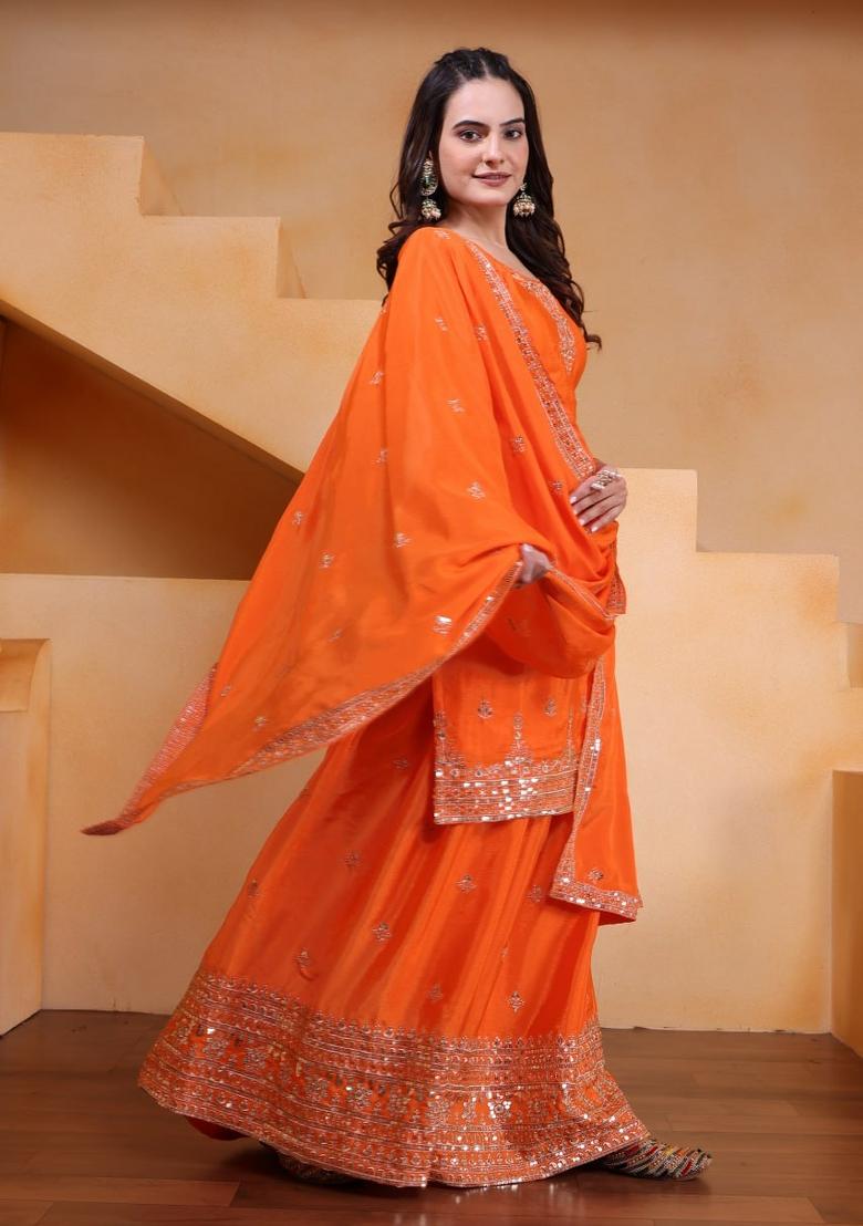 Orange Thread Work Chinon Kurta Set - Indya