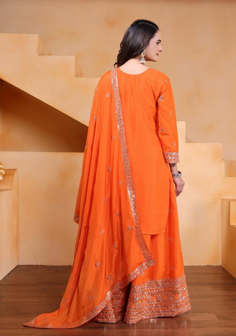 Orange Thread Work Chinon Kurta Set - Indya