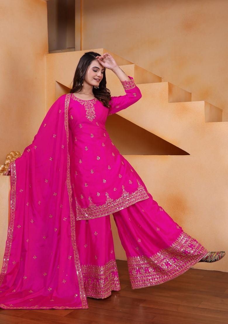 Pink Thread Work Chinon Kurta Set - Indya