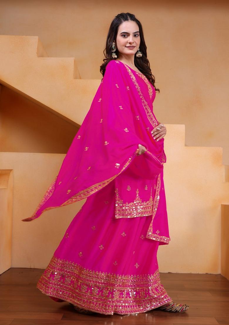 Pink Thread Work Chinon Kurta Set - Indya