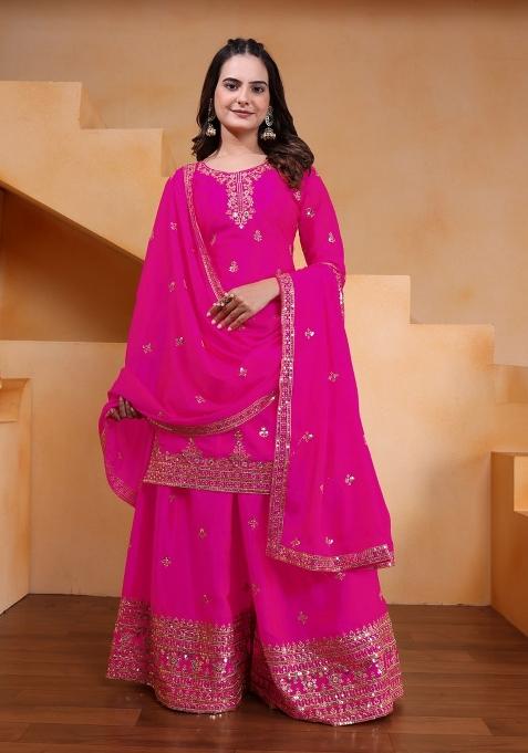 Pink Thread Work Chinon Kurta Set
