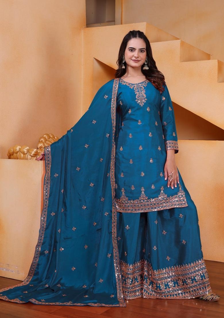 Teal Thread Work Chinon Kurta Set - Indya