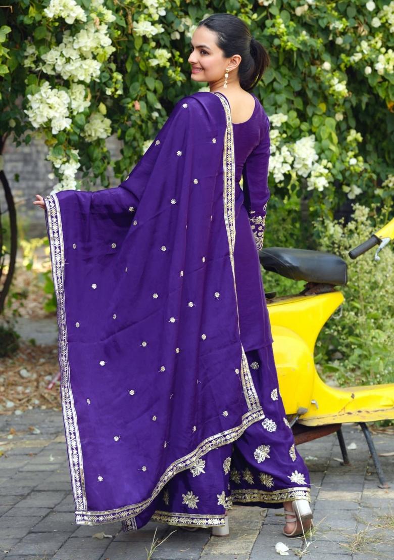 Purple Thread Work Chinon Kurta Set - Indya