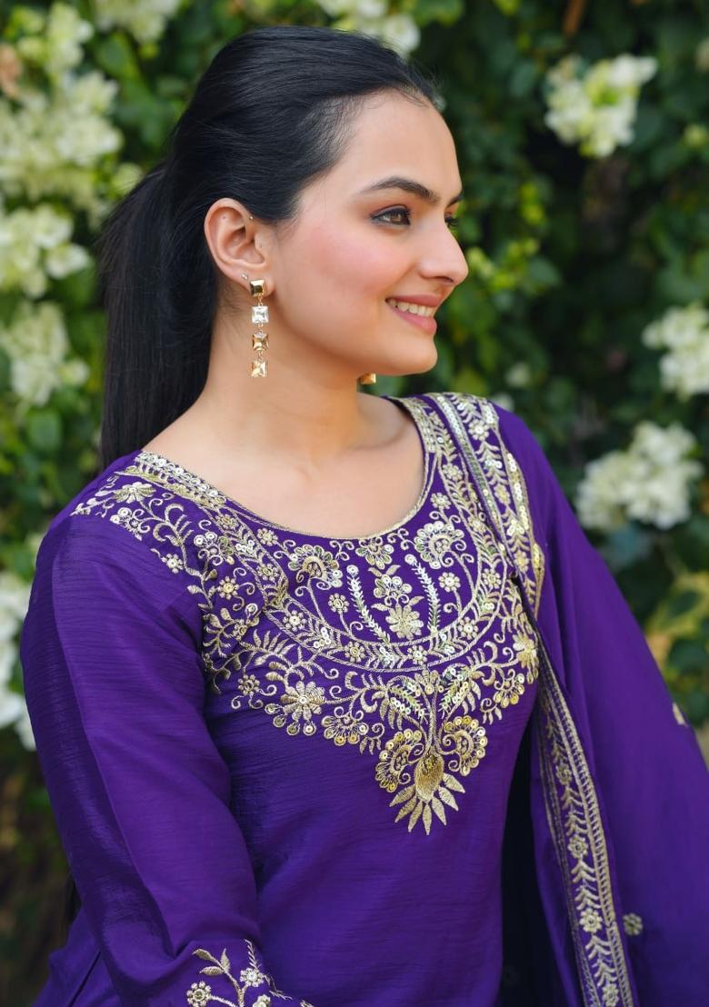 Purple Thread Work Chinon Kurta Set - Indya
