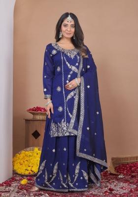 Blue Thread Work Silk Kurta Set