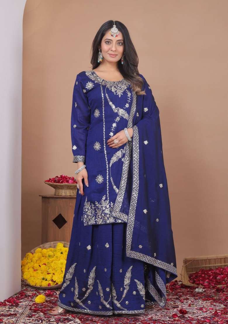 Blue Thread Work Silk Blend Kurta Set - Indya