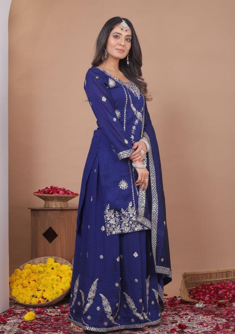 Blue Thread Work Silk Kurta Set - Indya