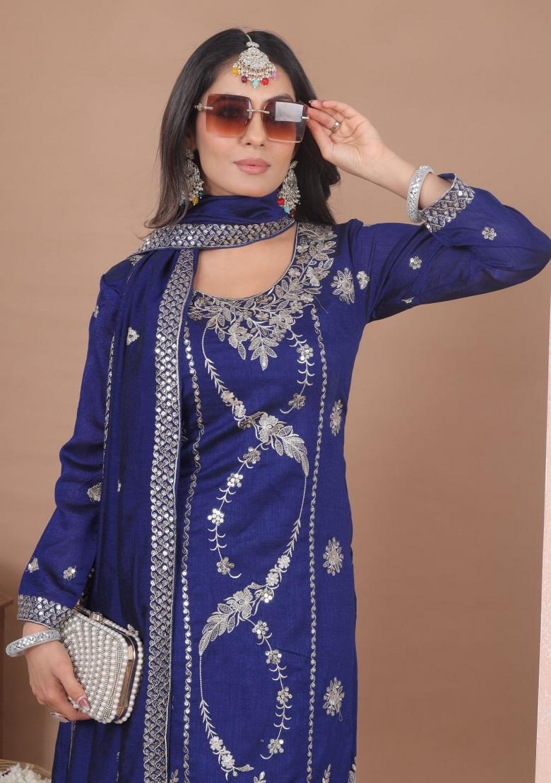 Blue Thread Work Silk Kurta Set - Indya