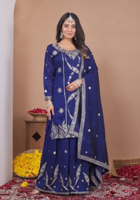 Blue Thread Work Silk Kurta Set