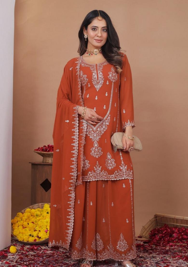 Orange Thread Work Georgette Kurta Set - Indya