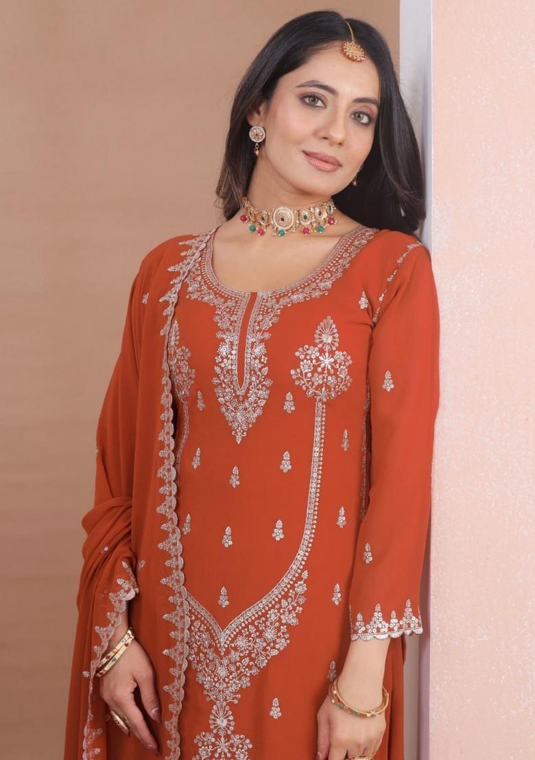 Orange Thread Work Georgette Kurta Set - Indya