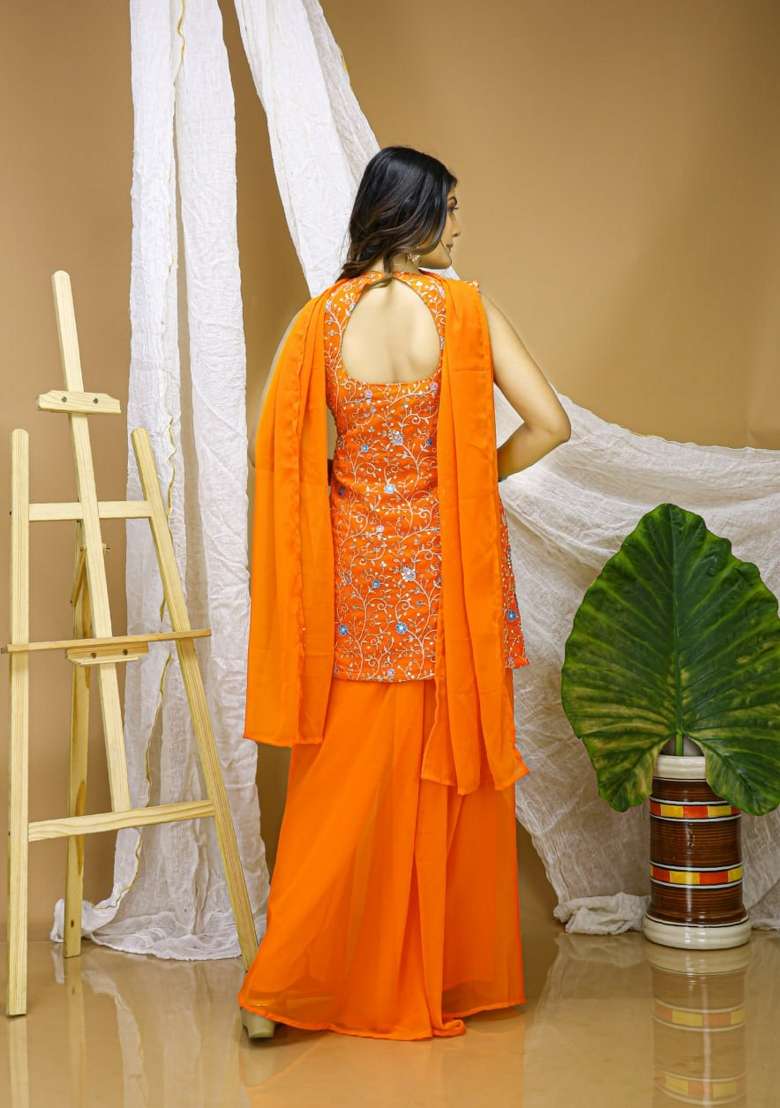 Yellow Thread Work Georgette Kurta Set - Indya