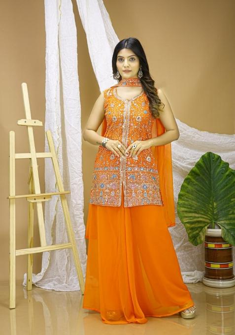 Yellow Thread Work Georgette Kurta Set
