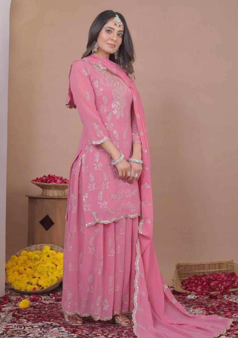 Baby Pink Thread Work Georgette Kurta Set - Indya