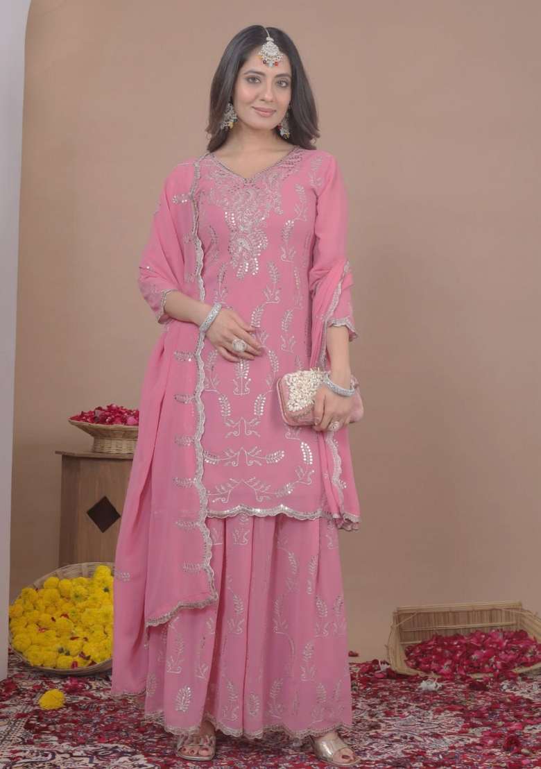Baby Pink Thread Work Georgette Kurta Set - Indya