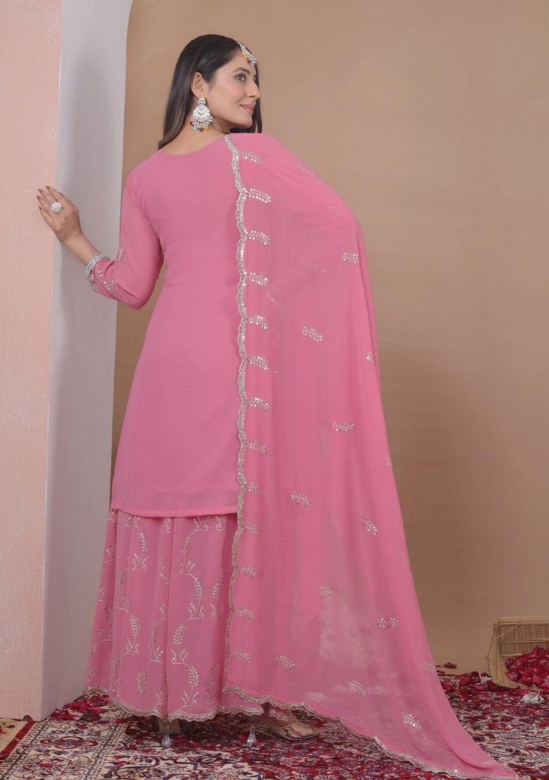 Baby Pink Thread Work Georgette Kurta Set - Indya