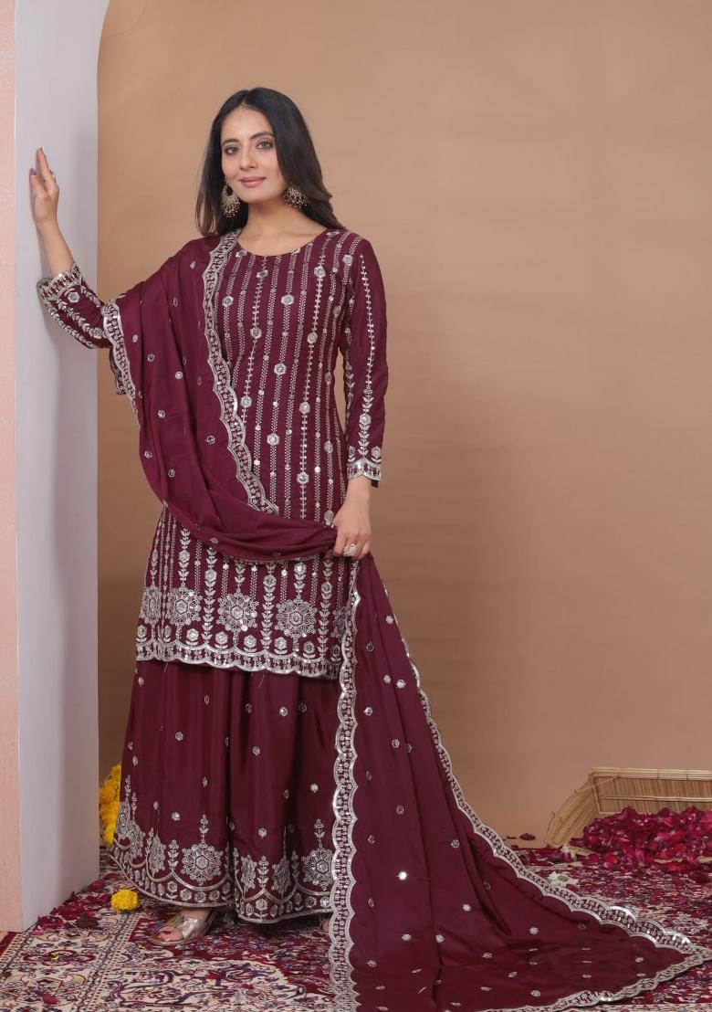 Maroon Thread Work Crepe Kurta Set - Indya