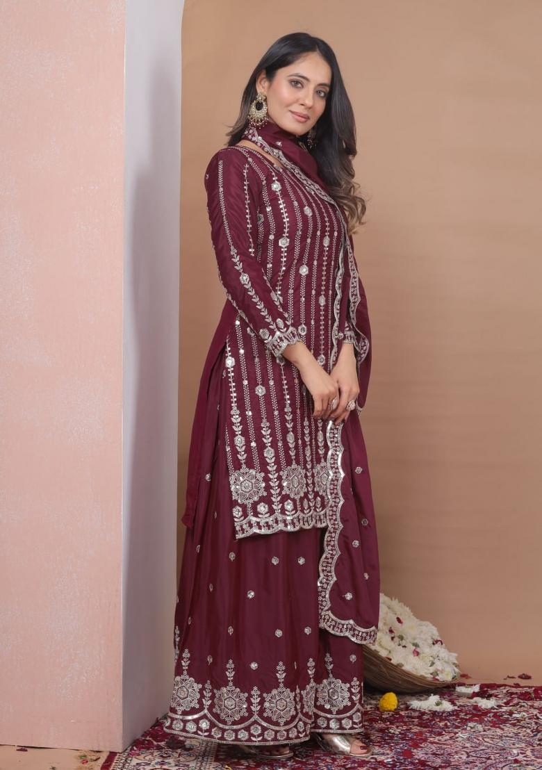Maroon Thread Work Crepe Kurta Set - Indya