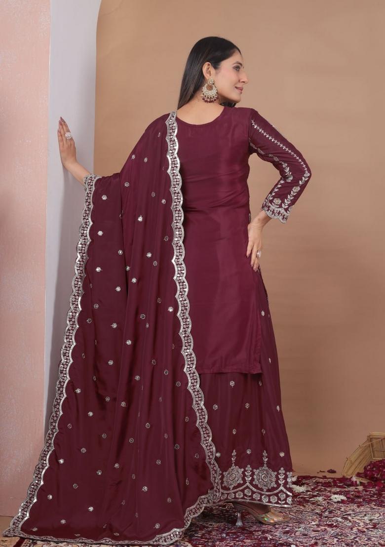 Maroon Thread Work Crepe Kurta Set - Indya