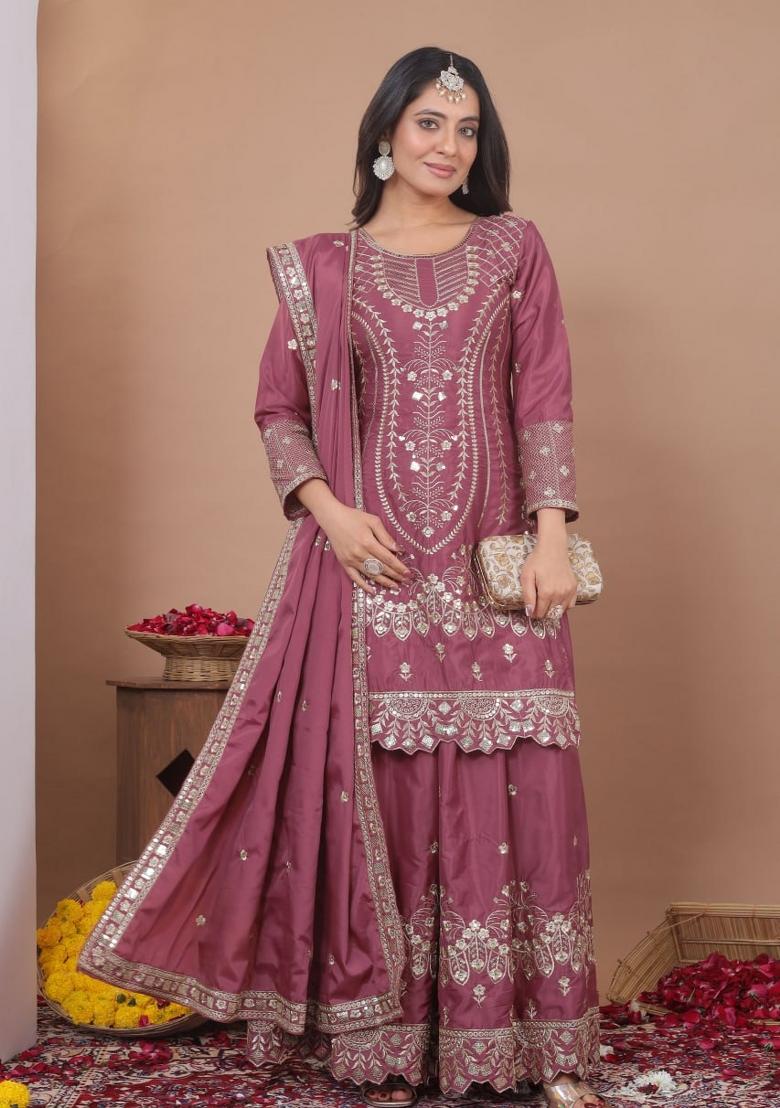 Onion Pink Thread Work Crepe Kurta Set - Indya