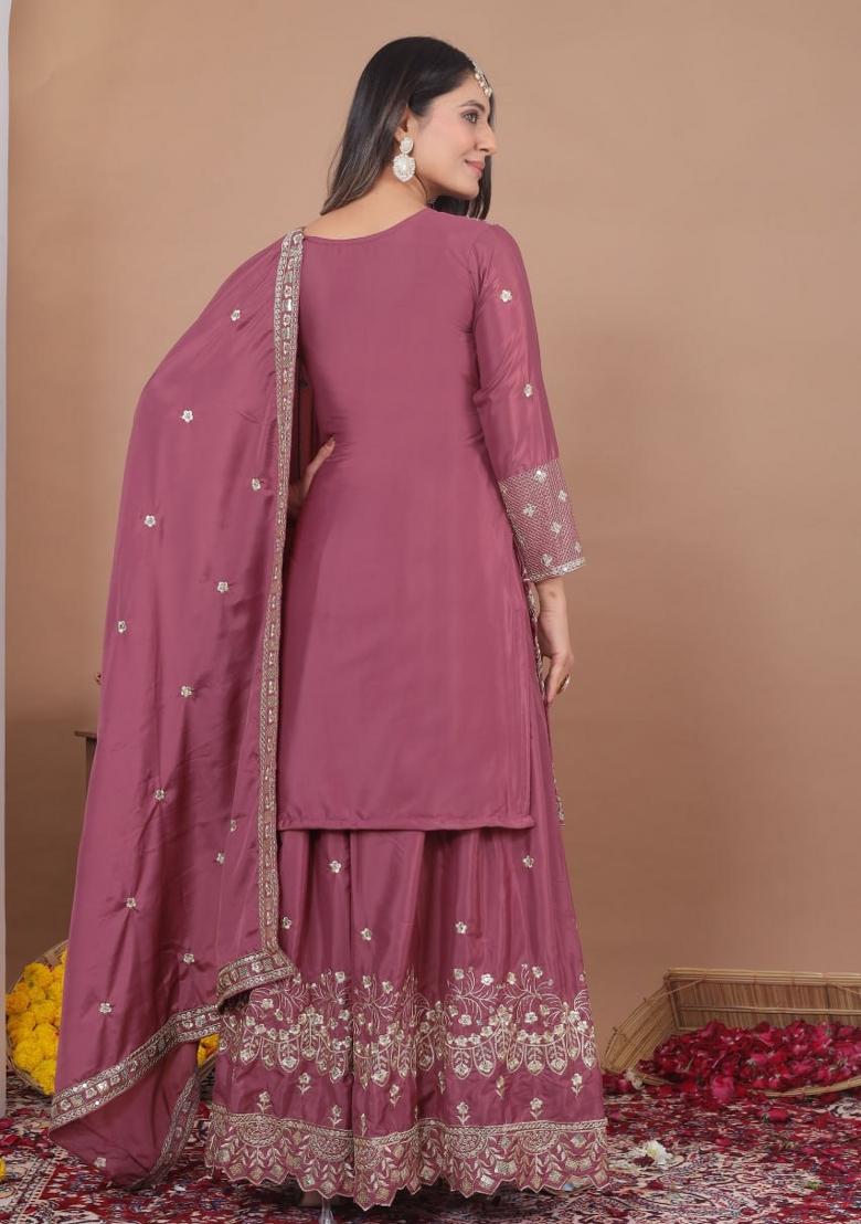 Onion Pink Thread Work Crepe Kurta Set - Indya