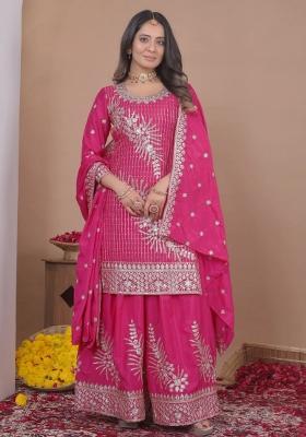 Pink Thread Work Crepe Kurta Set