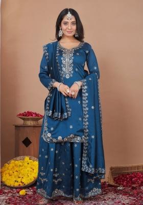 Blue Thread Work Silk Kurta Set