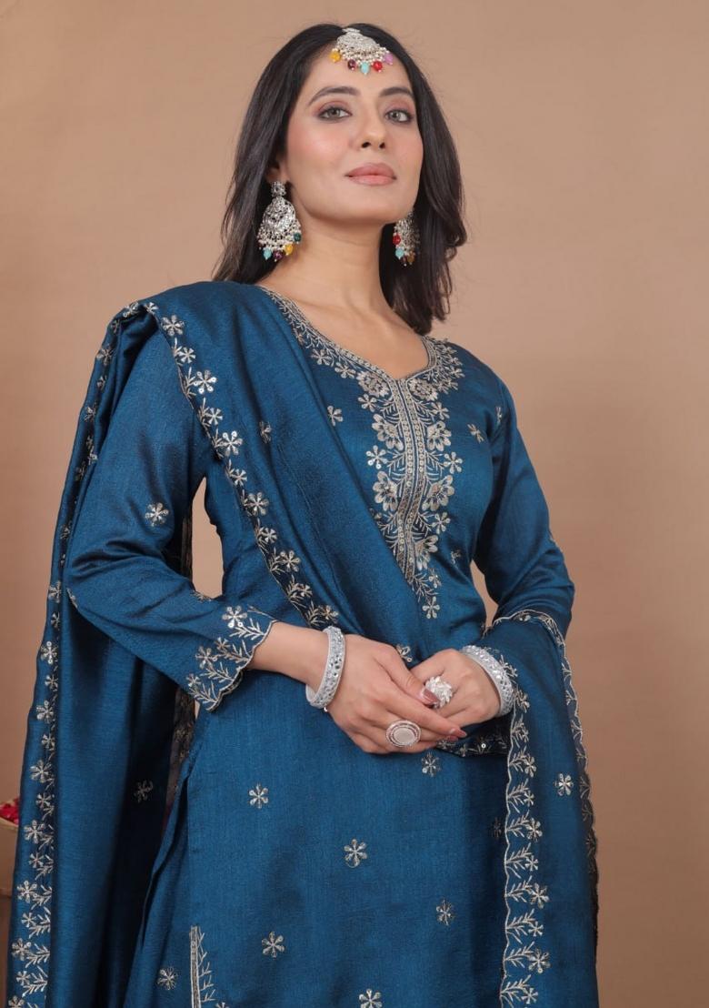 Blue Thread Work Silk Kurta Set - Indya