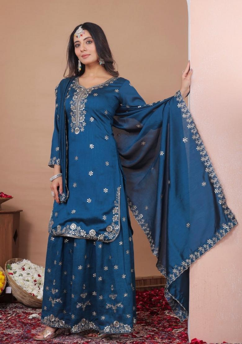 Blue Thread Work Silk Kurta Set - Indya