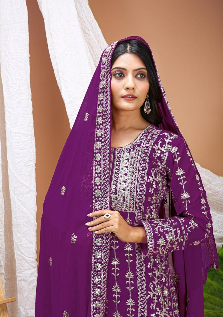 Wine Thread Work Georgette Kurta Set - Indya