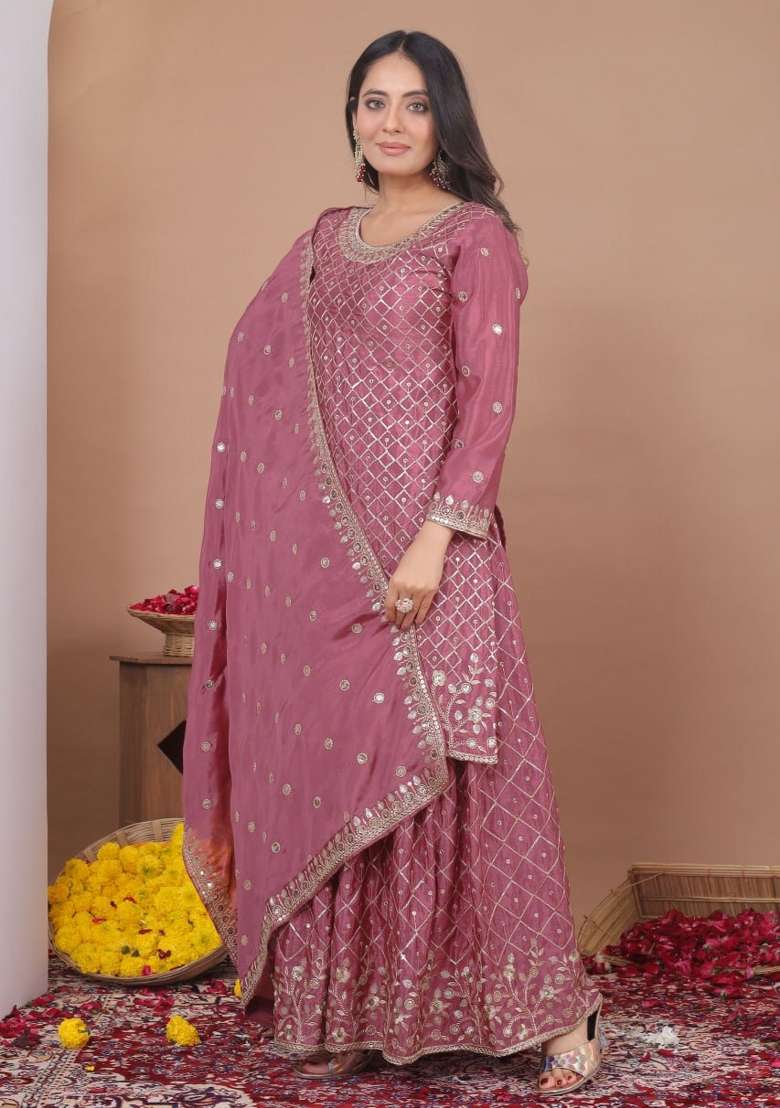 Dark Onion Thread Work Chinon Kurta Set - Indya