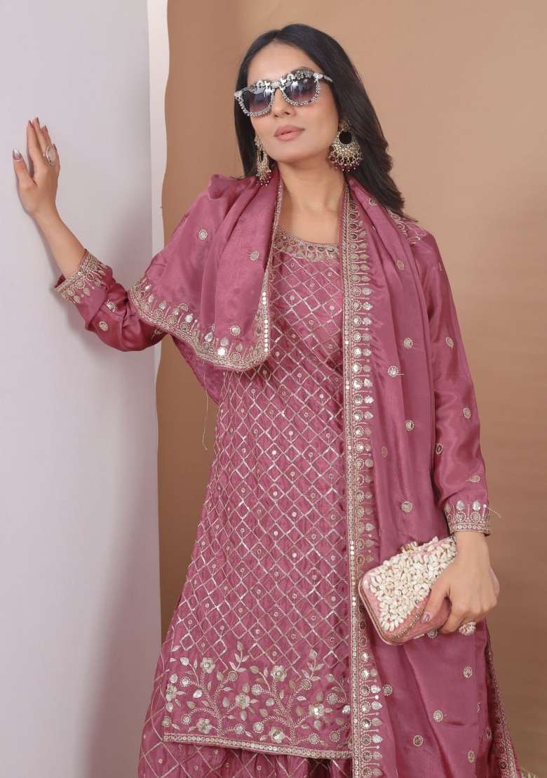 Dark Onion Thread Work Chinon Kurta Set - Indya