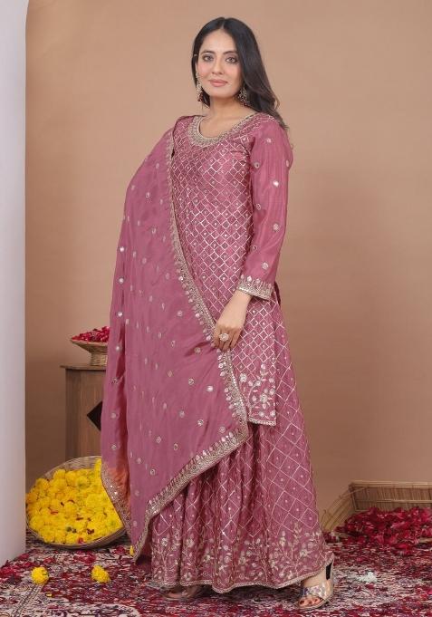 Dark Onion Thread Work Chinon Kurta Set