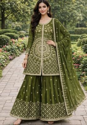 Green Thread Work Chinon Kurta Set