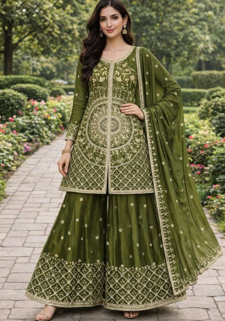 Green Thread Work Chinon Kurta Set - Indya