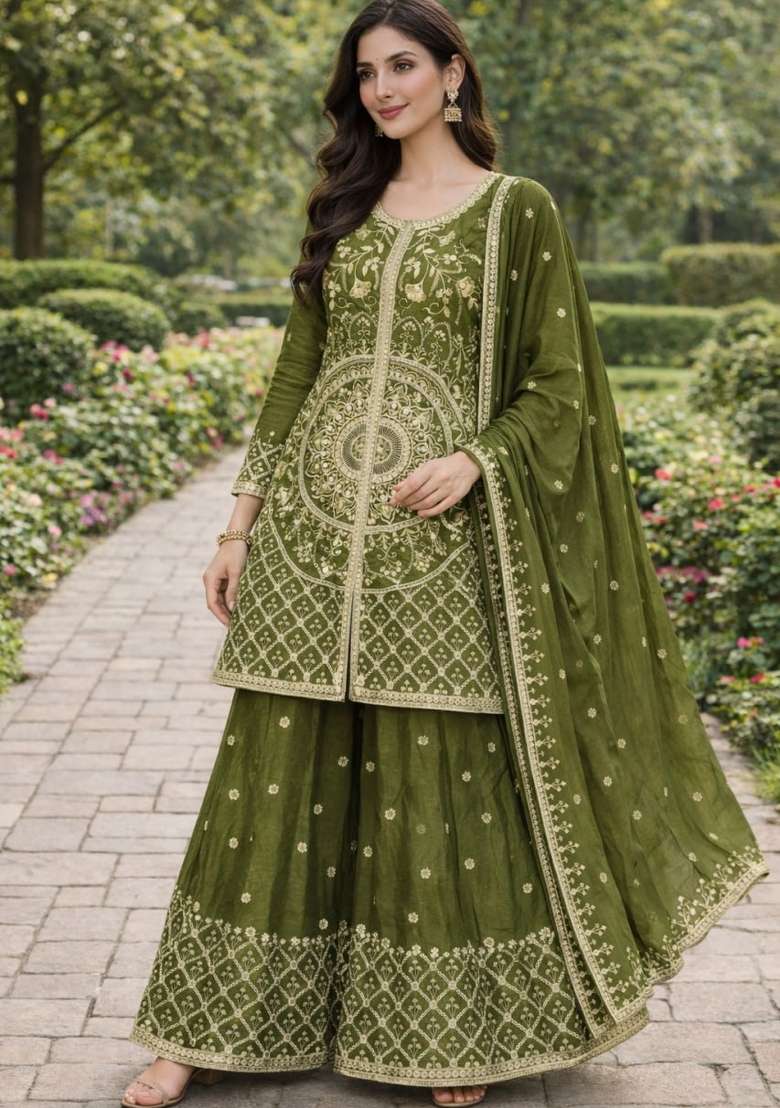 Green Thread Work Chinon Kurta Set - Indya