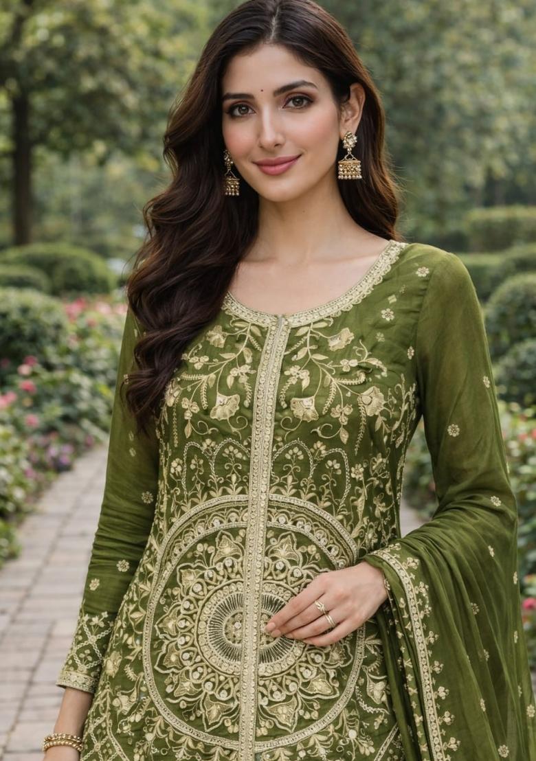Green Thread Work Chinon Kurta Set - Indya