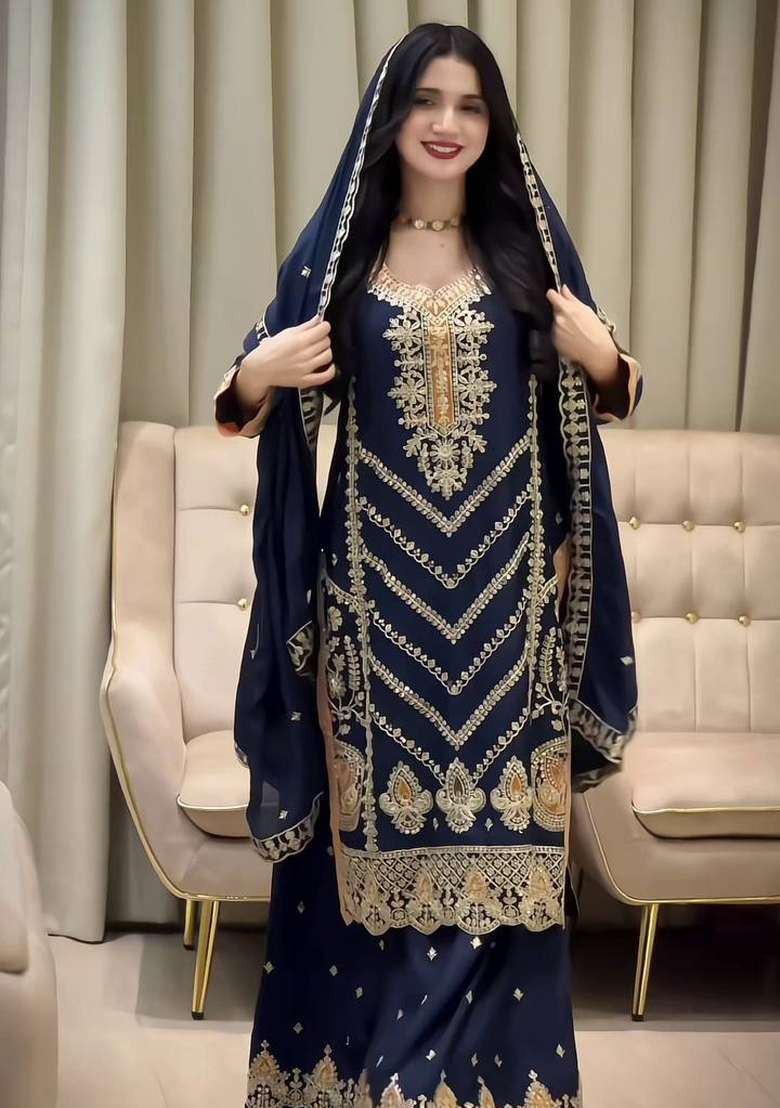 Blue Thread Work Chinon Kurta Set - Indya