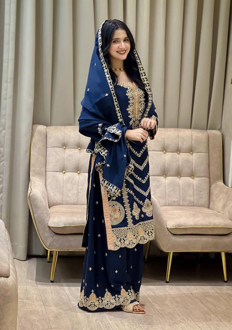 Blue Thread Work Chinon Kurta Set - Indya