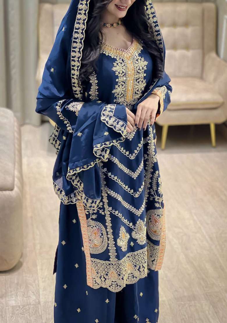 Blue Thread Work Chinon Kurta Set - Indya