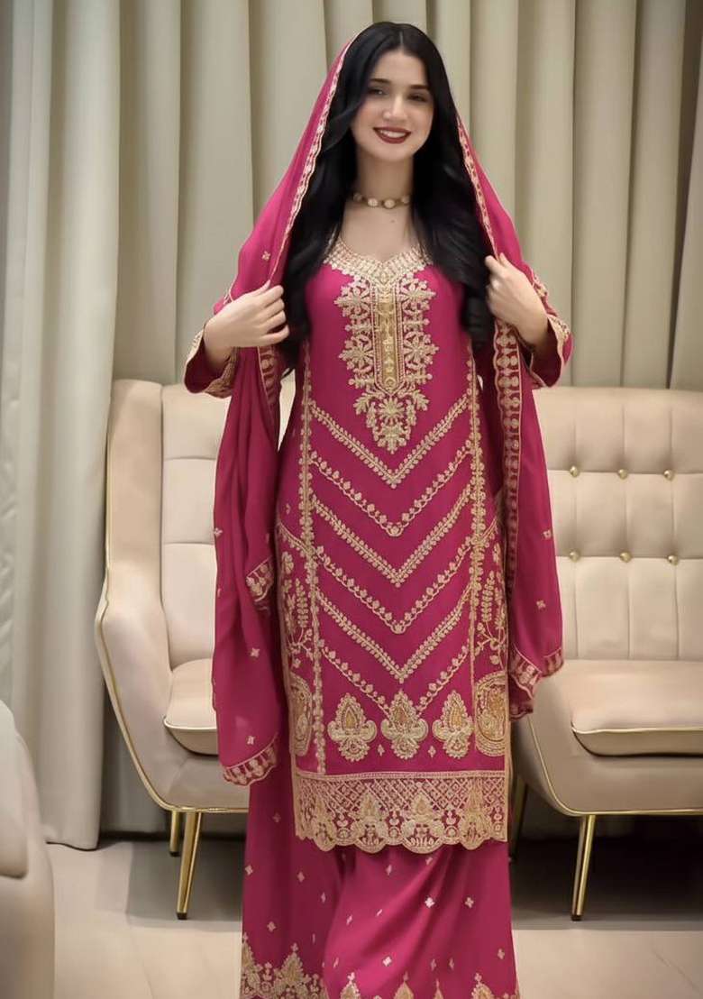Rani Pink Thread Work Chinon Kurta Set - Indya