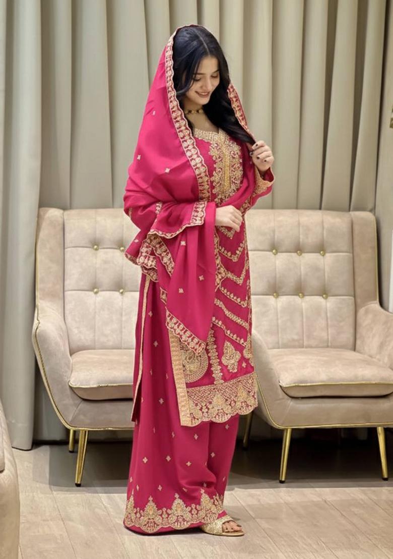 Rani Pink Thread Work Chinon Kurta Set - Indya