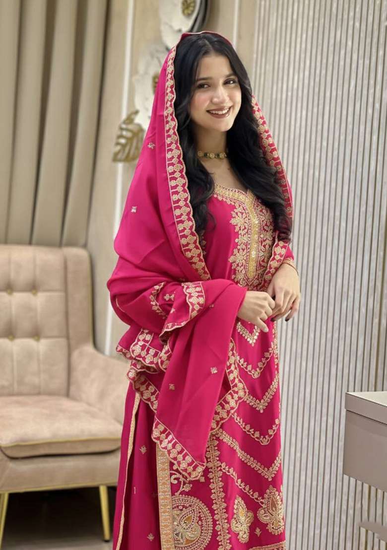 Rani Pink Thread Work Chinon Kurta Set - Indya