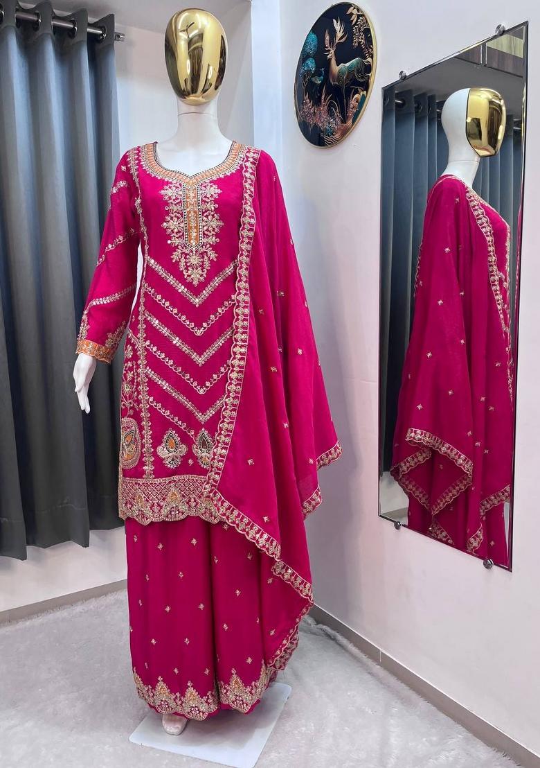 Rani Pink Thread Work Chinon Kurta Set - Indya