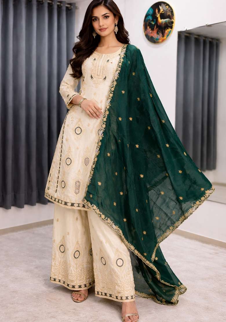White Thread Work Chinon Kurta Set - Indya