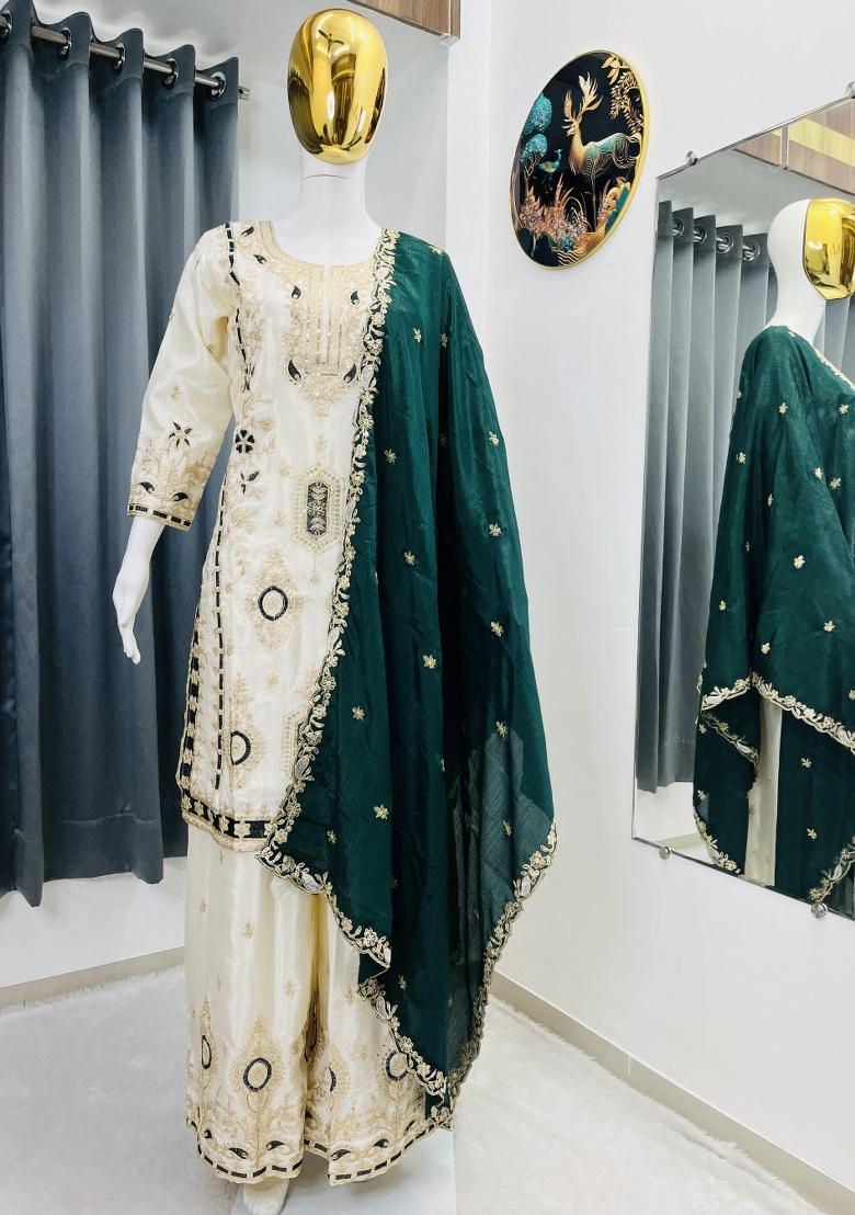 White Thread Work Chinon Kurta Set - Indya