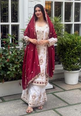 White Thread Work Chinon Kurta Set