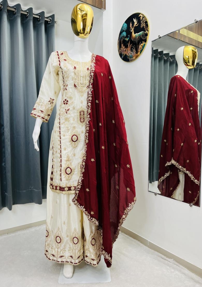 White Thread Work Chinon Kurta Set - Indya