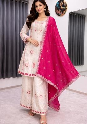 White Thread Work Chinon Kurta Set